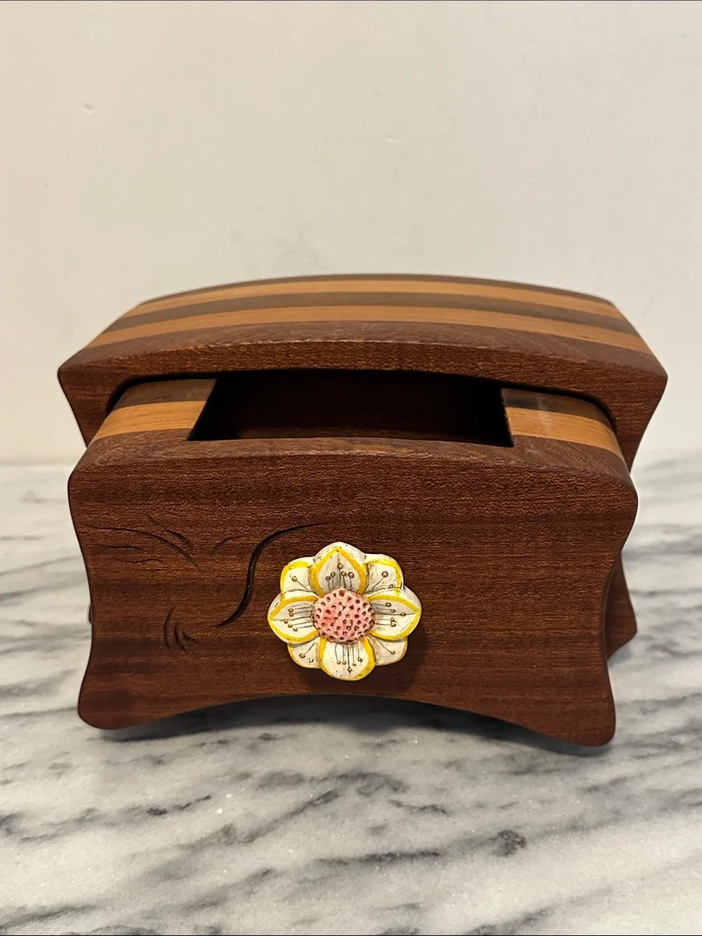 Hand made bandsaw Wooden Jewelry Box with Yellow Flower Knob
